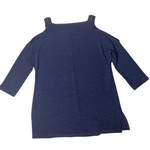 Chicos Travelers Beaded Cold Shoulder Top Size 1 Medium Navy Travel Resort